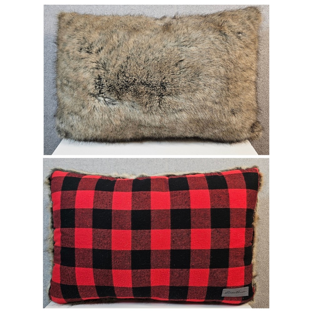 Eddie Bauer Faux‎ Fur Buffalo Check Plaid Throw Pillow Rustic Cabin Luxury 19x12